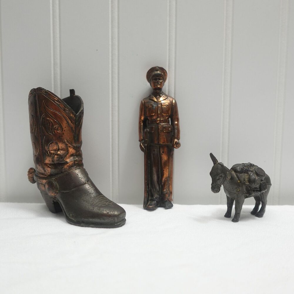 Vintage Metal Figurine Lot: Dodge USA Donkey, Soldier, Cowboy Boot Collectible